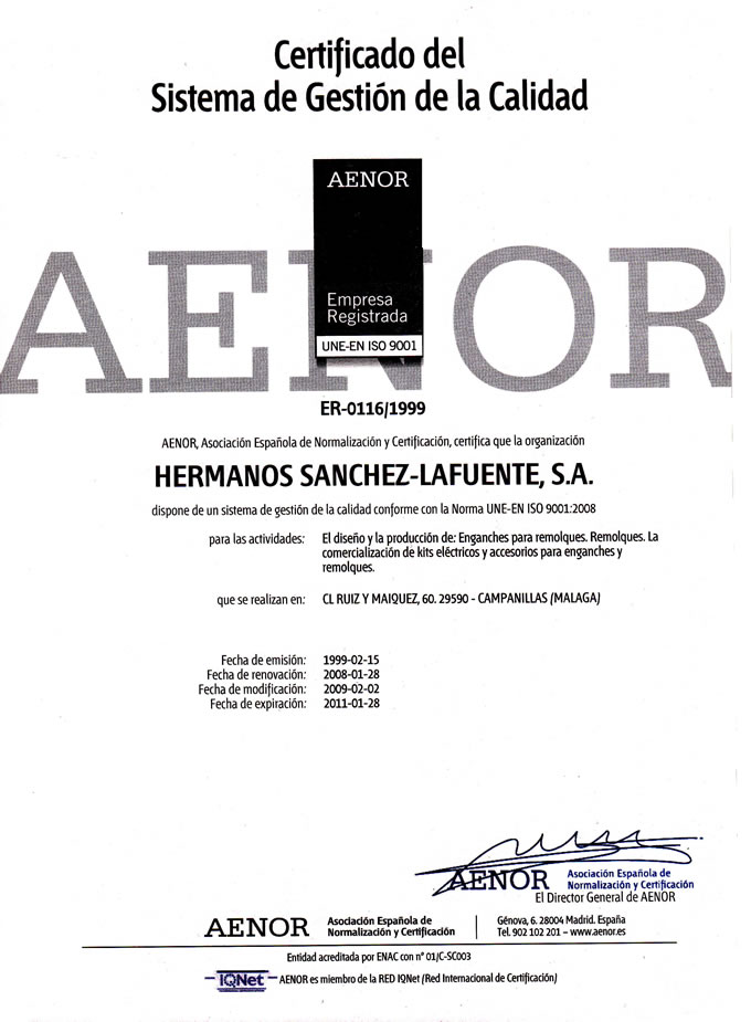 Mission of Lafuente AENOR Certificate