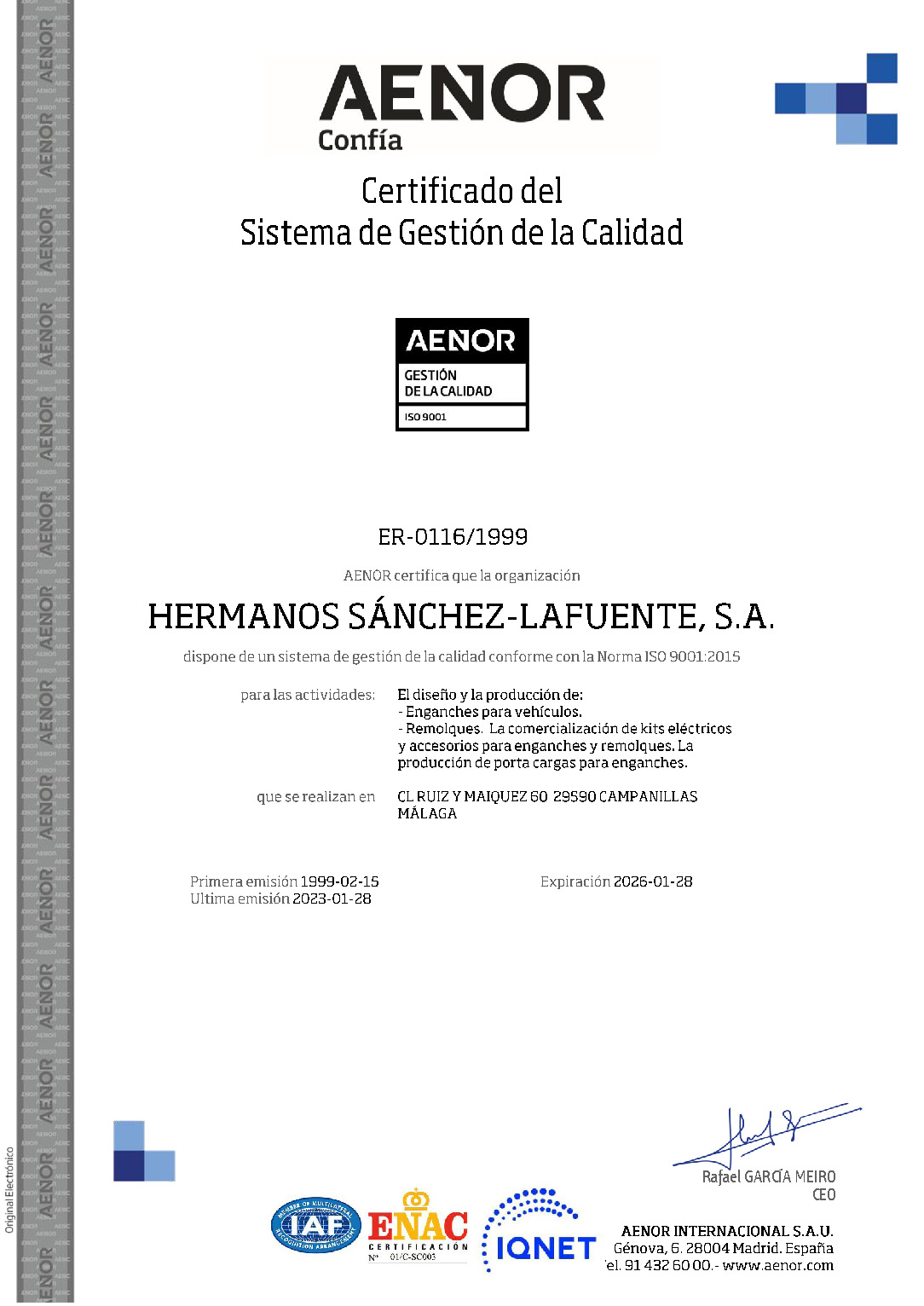 Mission of Lafuente AENOR Certificate